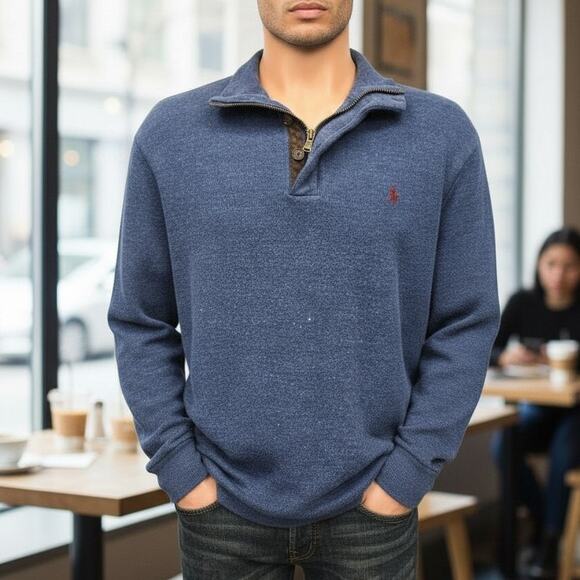 Polo Ralph Lauren 1/4 Quarter Zip AND Button Mockneck Sweater M Blue Red Pony - Picture 2 of 15